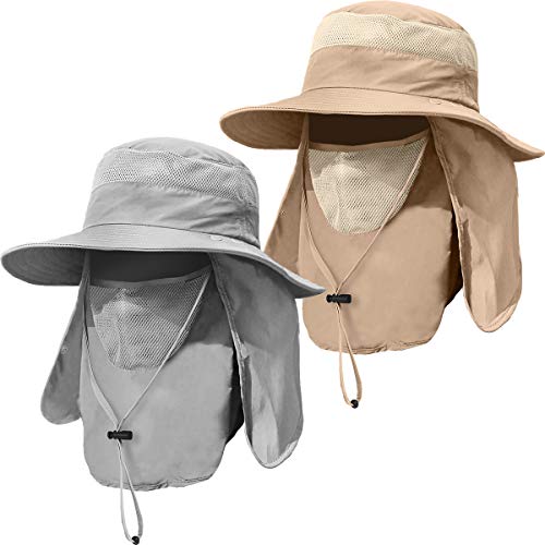 2 Pieces Men's Wide Brim Fishing Hat Outdoor UPF 50+ Sun Protection Removable Face and Neck Flap - color: Khaki & Light Grey