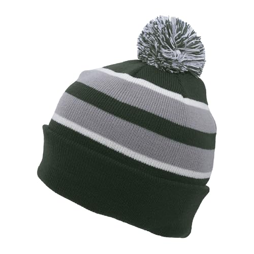 Pacific Headwear Unisex Adult Pacific Headwear Knit Fold Over Pom-pom Beanie - color: Dark Green/Silver/White, size: One Size
