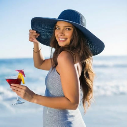 DRESHOW Big Straw Sun Hats for Women Floppy Foldable Roll up Beach Cap Sun Hat UPF 50+ Vacation Honeymoon Embroidered Hat - color: Medium Size: Navy / Brim 5.5" (Head Circumference 22-22.8")
