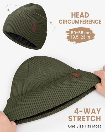 Fleece Lined Winter Beanie for Men Women Warm Windproof Beanies Hats Thick Knit Winter Hat for Cold Weather - color: Army Green