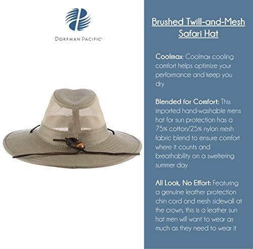 Dorfman Pacific Men's Brushed Twill-and-Mesh Safari Hat with Genuine Leather Trim - size: 3X-Large