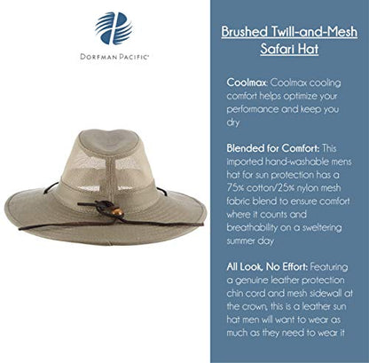 Dorfman Pacific Men's Brushed Twill-and-Mesh Safari Hat with Genuine Leather Trim - size: Large
