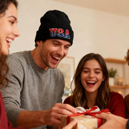 American Flag Beanie, USA Embroidered Winter Hat for Women Men - color: Usa-black