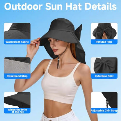 Womens Ponytail Hole Sun Hat with Neck Flap Outdoor UPF 50+ - color: Black