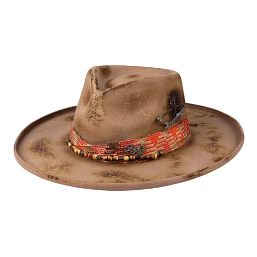 Vintage Pencil Brim Fedora Hats 100% Wool Felt Hat Panama Rancher Hat with Lightning Logo Handmade Distressed/Burned - color: Red Twill, size: 7 3/8