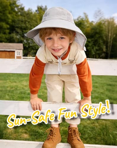 Rosoz Kids Sun Hat with Neck Flap UV Protection Summer Toddler Beach Hat Unisex Ponytail Hat Wide Brim Fishing Hat - color: 1pack-light Grey