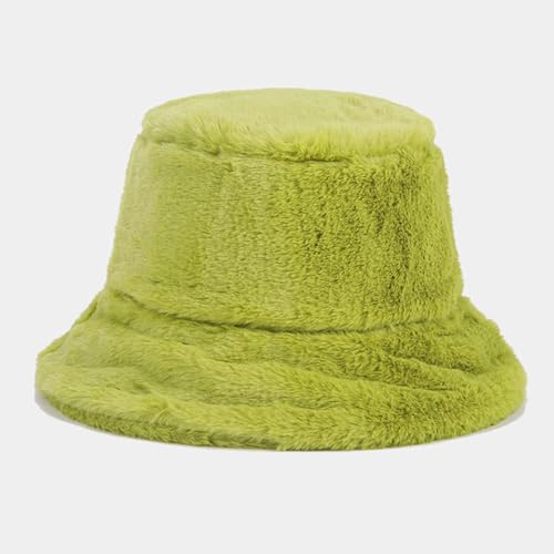 Quanhaigou Winter Faux Fur Bucket Hat,Fuzzy Warm Hat for Women Men, Fluffy Fisherman Cap - color: Plain Green