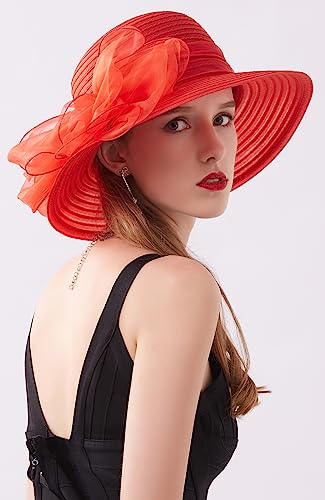 Women's Kentucky Derby Church Dress Hat Wide Brim Leaf Flower Bridal Shower Hat - color: 01 Red