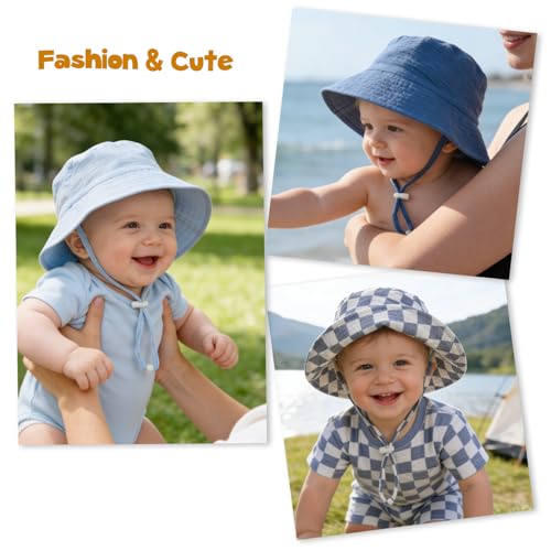Baby Sun Hat Infant Toddler Summer Cotton Yarn Bucket Hat for Boys Girls - color: Light Blue & Denim Blue & Blue Checkered -3pcs, size: 6-24 Months