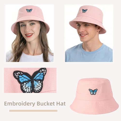 ZLYC Cotton Bucket Hat for Women Men Embroidered Packable Summer Sun Cap - color: Butterfly Pink