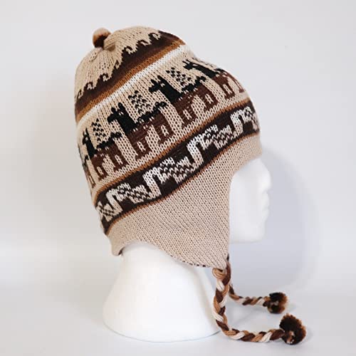 Alpaca Wool Blend Winter Hat Chullo Inca Peruvian Design Reversible with Earflaps. Beanie Medium Size. Unisex - color: Brown/Beige
