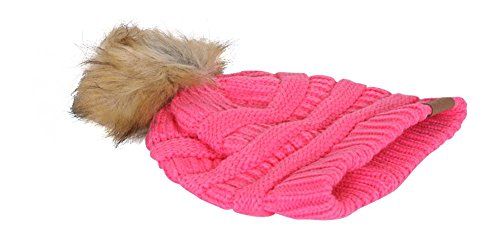 Gravity Threads Cable Knit Faux Fur Pom Pom Beanie Hat - color: New Candy Pink