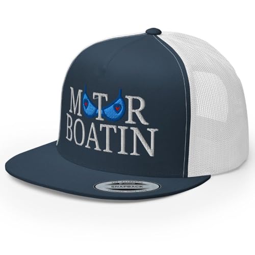 NX Motor Boatin Embroidered Flat Bill Trucker Hat High Crown Snapback Cap - color: Navy/ White