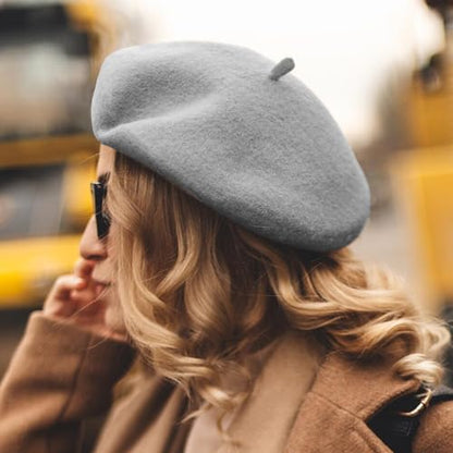 Lanzom Wool Blend Women Beret Hat French Beret Cap Winter Fashion Solid Color Hat for Women Girls Lady - color: Light Grey