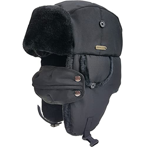 Unisex Winter Trapper Hat Cold Proof Keep Warm Hat with Ear Flaps for Hunting Skiing Trooper Winter Outdoor Activities - color: Black Leather With Mask, size: Large-X-Large