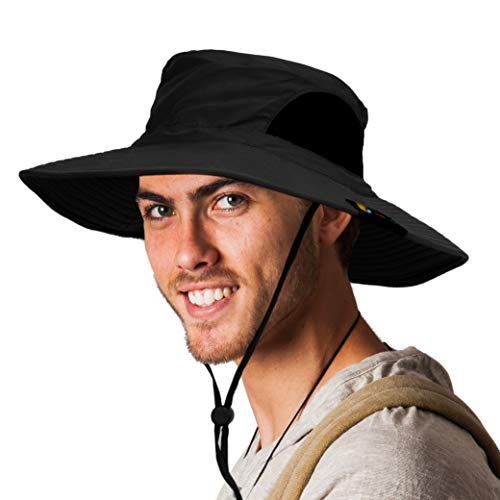 SUN CUBE Wide Brim Sun Hat for Men & Women, UPF 50+ UV Protection, Mesh Boonie Hat with Chin Strap, Fishing Hiking Hat - color: Black