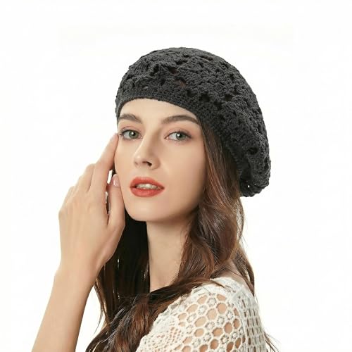 ZLYC Women Cotton Slouchy Crochet Beret Handmade Cutout Floral Beanie Hat - color: Floral Gray