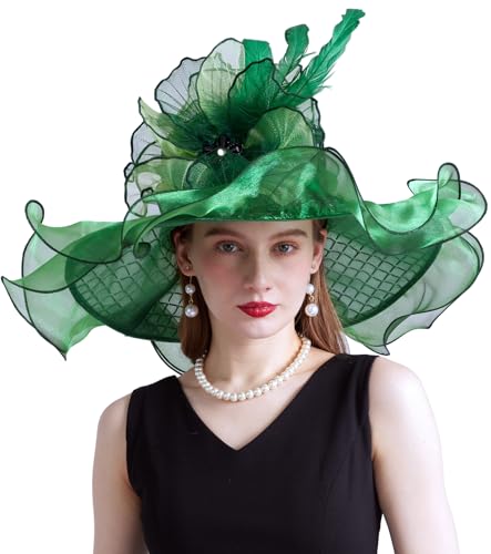 Women Organza Derby Hat Fascinator Tea Party Wedding Church Derby Hat Fascinator Hats Dual-use - color: 02e Green