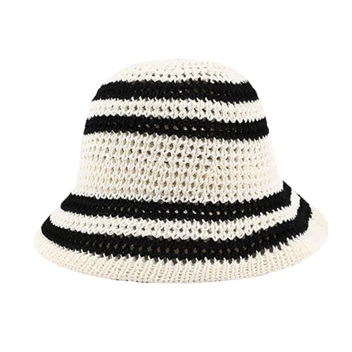 Gogobear Summer Straw Sun Hat for Women Outdoor Striped Beach Bucket Hat - color: White