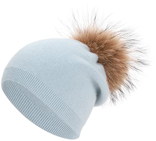 Women's Double Layer Winter Slouchy Knit Beanie Hat with Real Fur Pom Pom - color: Blue
