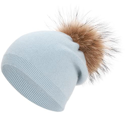 Women's Double Layer Winter Slouchy Knit Beanie Hat with Real Fur Pom Pom - color: Blue