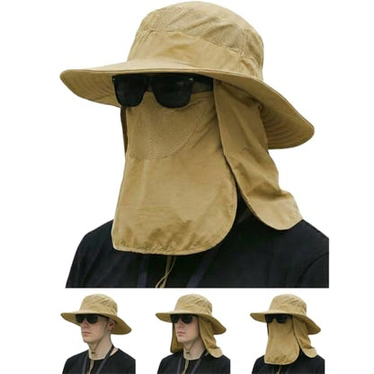 Sun Hat Bucket Hats for Men Women,Outdoor Wide Brim Fishing Hat with Detachable Face Cover & Neck Flap UV Protection - color: Khaki-1