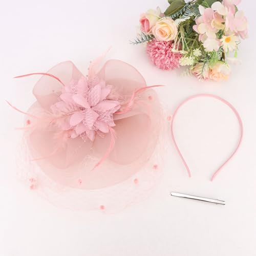 Semato Fascinators Hats for Women Mesh Feathers Elegant Pink Tea Party Kentucky Hat Derby Headband with Hair Clip - color: Pink