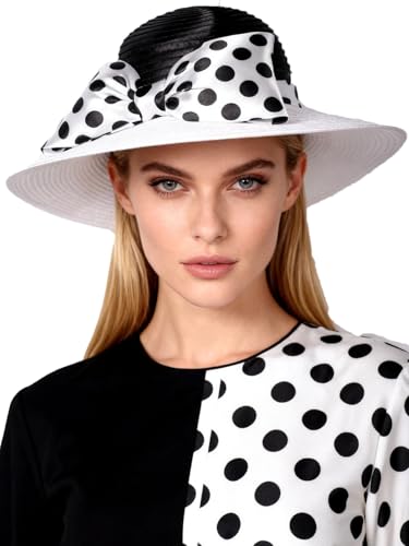 Women Wide Brim Rose Black Patchwork Kentucky Hat for Wedding Party Hat Big Bowknot Polka Dots Fedora Hats - color: Black White