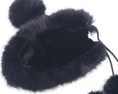 Womens Faux Fur Knitted Hat with Pompom Warm Skull Snow Cap Ear Cover Winter Beanie Hat for Women - color: Black