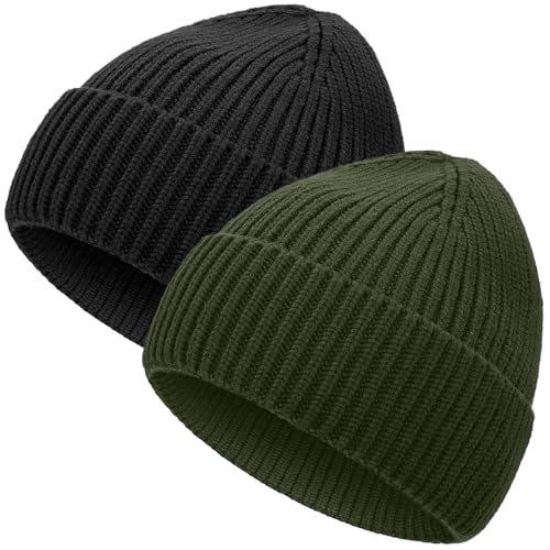 vidsel 50% Wool Thick Beanie Hat Men Women, Seamless Cuffed Winter Knit Cap - color: 2pcs Black, Army Green