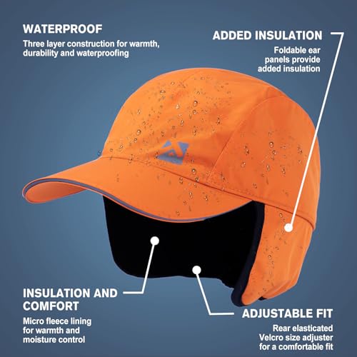 TOP-EX Oversize XL XXL Men's Waterproof Winter Baseball Cap Fleece Earflap Trapper Hat for Cold Weather Large Heads - color: Orange, size: X-Large-XX-Large