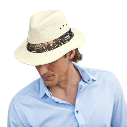 Panama Jack Woven Safari Hat - Matte Toyo Straw, 2 1/2" Brim, Tropical Print Hat Band - color: Brown, size: Medium