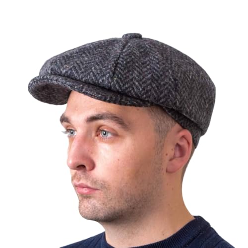 Hatman of Ireland Men's 100% Kerry Woollen Mills Tweed 8 Piece Cap Irish Newsboy Hat, Made in Ireland - color: Grey, size: Large