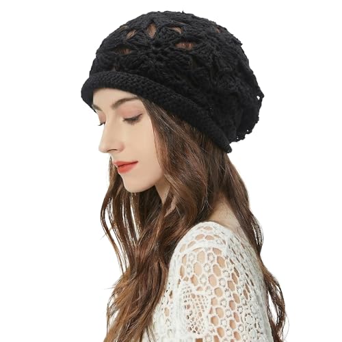 ZLYC Women Cotton Crochet Slouchy Beanie Hat Handmade Knit Summer Skull Cap - color: Crochet Black