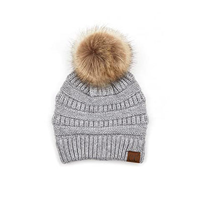 C.C Fur Pom Winter Fall Trendy Chunky Stretchy Cable Knit Beanie Hat - color: Snuggly Soft Lt. Gray Mix