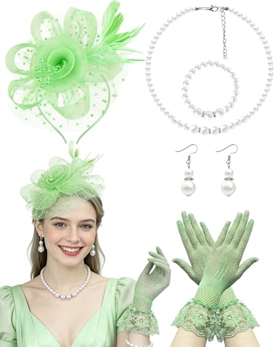 Fascinator Tea Party Hat Set for Women Elegant Vintage Accessories for High Tea Wedding Bridal Shower - color: Light Green