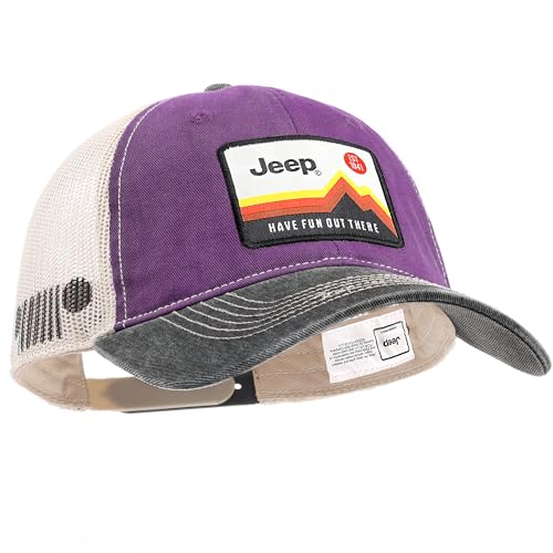 Jeep Have Fun Out There Patch Garment Washed Trucker Hat Unstructured for Men & Women - Adjustable Snapback Baseball Cap - color: Purple