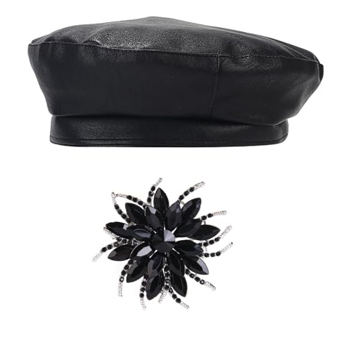 Chic PU Leather Beret for Women, Classic Berets Artist Painter Cap with Rhinestones Accessories - color: Black