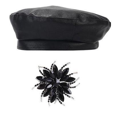 Chic PU Leather Beret for Women, Classic Berets Artist Painter Cap with Rhinestones Accessories - color: Black