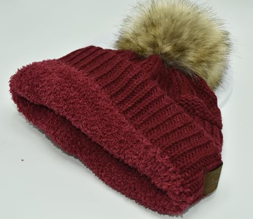 C.C Trendy Fuzzy Fleece Lined Warm Comfortable Soft Stretch Cable Knit Ribbed Faux Fur Pom Pom Beanie Hat - color: Burgundy