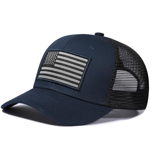 American Flag Trucker Hat, Patriotic Baseball Cap for Men & Women, Breathable Mesh Adjustable Snapback, USA Flag Patch - color: Navy/Black