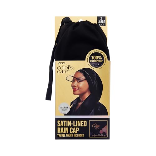 Kiss Colors & Care Satin-Lined Premium Rain Cap, Lightweight Microfiber Rain Hat, 100% Waterproof & Anti-Humidity, Adjustable Band, Roomy Interior, Integrated Travel Pouch, Black
