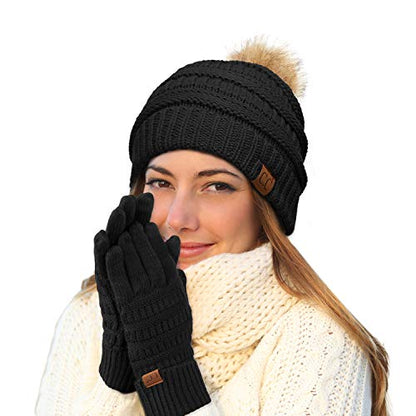 C.C Hatsandscarf Exclusives Unisex Solid Ribbed Beanie with Pom (HAT-43) - color: A Gift Set-black