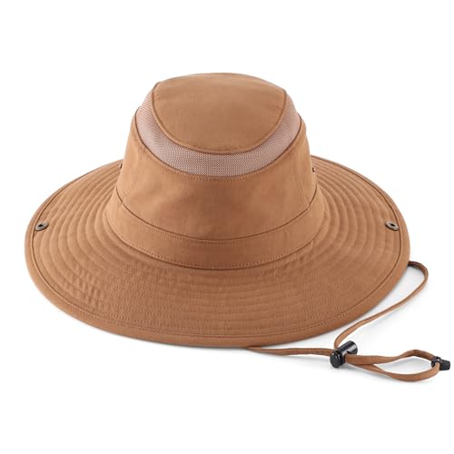 Home Prefer UPF 50+ Wide Brim Sun Hat Mesh Crown Foldable Cotton Bucket Cowboy Hat for Men Safari Golf Fishing Beach Garden - color: Brown, size: Medium