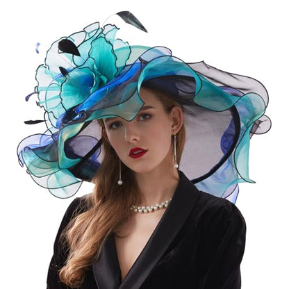 Women Elegant Organza Derby Hat Wide Brim Sun Hats for Wedding Tea Party Fascinator Hat - color: Blue