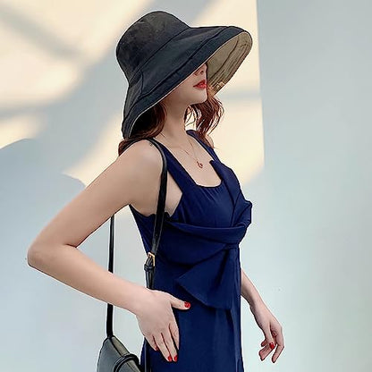 Women Wide Brim Sun Hats Metal Wired Edge Summer UV Protection Beach Fishing Hat for Hiking Garden Travel Chin Strap - color: Lant001-black, size: One Size