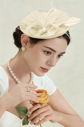 BABEYOND Fascinators Hats for Women Tea Party Pillbox Sinamay Derby Hat - color: Beige