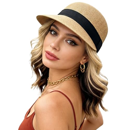 Wildarms Womens Packable Straw Visor Sun Beach Cap - color: Brown