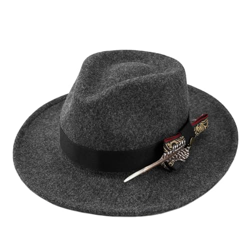 PURFUN Vintage Feather Felt Fedora Hat for Men Women Classic Short Brim Jazz Dance Party Wedding Trilby Bowler Panama Hat - color: Bow&feather/Deep Grey