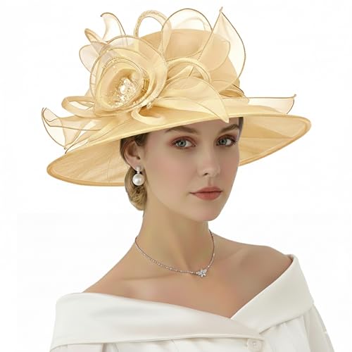 AQOKKA Women Organza Church Fascinators Kentucky Derby Hats for Women and Girls Wedding Flower Tea Party Hat with Wide Brim - color: Organza Rose : Khaki